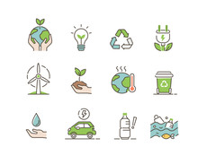 Ecology Icons Set. Global Warming, Climate Change, Plastic Pollution And Other Ecology Problems. Save The Planet Symbols. Eco Environment Signs Collection. Flat Line Cartoon Vector Illustration.
