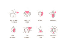 Vegan Organic Cosmetic Icons Collection. Not Tested On Animals, Cruelty Free Badges. Eco And Nature Friendly Logo Templates. Flat Line Cartoon Vector Illustration.