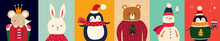 Vector Illustration With Funny Characters Bear, Snowman, Penguin, Mouse And Bunny 