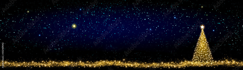 Golden Christmas tree isolated on stars sky background. - obrazy, fototapety, plakaty 