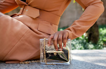 Close Up Shop Of A African American Black Woman Hands Holding A Clear Hand Bag By A Water Fountain In Chicago.  She's Wearing A Fashionable Brown Trench Coat.