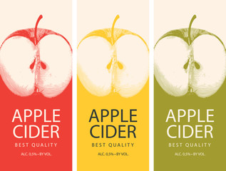 Wall Mural - set of vector labels for apple cider with a realistic image of half an apple and calligraphic inscri