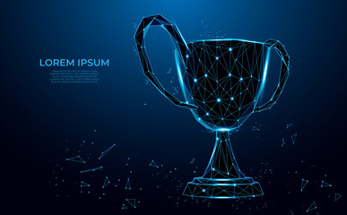 Trophy cup form lines and triangles, point connecting network on blue background. sport cup, champion's cup. Polygon vector wireframe concept, mesh art