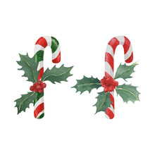 Christmas Candy Canes Decorated For Christmas By Holly Branches Isolated On White, Watercolor Illustration For Winter Holidays Design