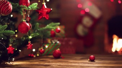 Wall Mural - christmas tree with decorations near a fireplace with lights