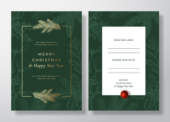 Wall Mural - Christmas and New Year Abstract Vector Greeting Card, Poster or Background. Back and Front Invitation Design Layout with Typography. Sketch Pine Twigs, Mistletoe. Golden Gradient on Green Invitation