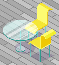 Modern Glass Round Table And Two Yellow Chairs With Blue Legs Standing On The Veranda. Beautiful Pieces Of Furniture. Outdoor Dining Set 3d Isometric Vector Illustration