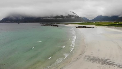 Sticker - Sea coast and Skagsanden Beach on Flakstadoy in summer. Nordland county, Lofoten archipelago Norway. Tourist attraction