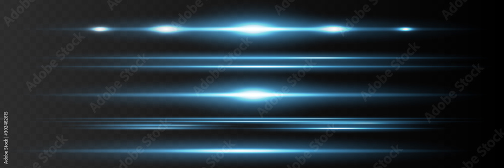 Red horizontal lens flares pack. Laser beams, horizontal light rays.Beautiful light flares. Glowing streaks on dark background. Luminous abstract sparkling lined background. - obrazy, fototapety, plakaty 