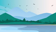 Flat Vector Mountain Landscape Near The Lake. Flat Vector Illustration. Flat Design Background. Web vector illustration.