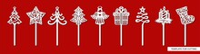Set Of New Years Decorations - Toppers For Cakes With Christmas Tree, Star, Gift, Angel, Sock, Gift, Candles. Template For Laser Cutting, Wood Carving, Paper Cut And Printing. Vector Illustration.
