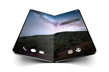 Wall Mural - Smartphone with fold feature - modern construction, future of modern smartphones or tablets, wallpaper with galaxy, milky way in mountains