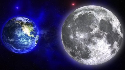 Wall Mural - Blue galaxy with Moon and Planet Earth. Moon and Planet Earth rotating and approach in open space on the blue Milky Way. Video contains: Moon, Milky Way, Space, Galaxy, Stars, Planet, Earth. 4k