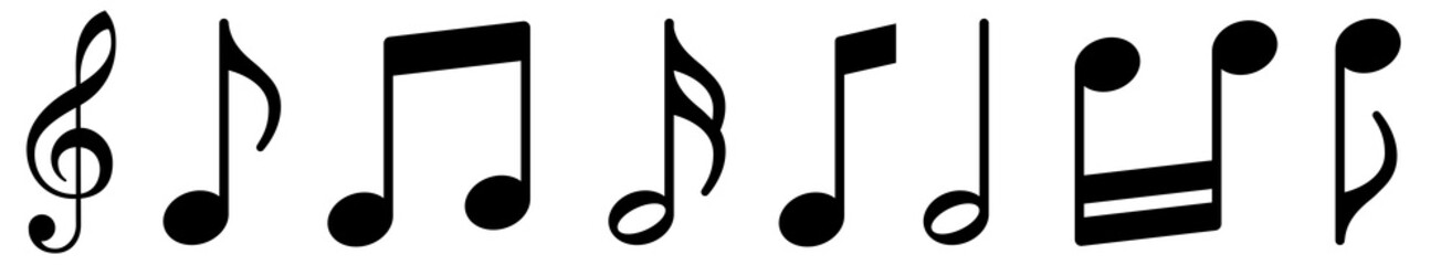 Music notes icons set. Black notes symbol on white background - stock vector.