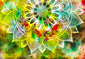 Wall Mural - abstract mandala graphic design and watercolor digital art painting for ancient geometric concept ba