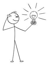 Vector Cartoon Stick Figure Drawing Conceptual Illustration Of Thinking Man Or Businessman Watching Shining Light Bulb In His Hand. Creativity Concept.