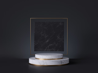 Sticker - 3d render of white marble pedestal isolated on black background, art deco square gold frame, cylinder steps, abstract minimal concept, blank space, clean fashion design, luxury minimalist mockup