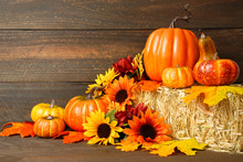 Fall Decoration Of Sunflowers, Mum Flowers Pumpkins And Gourds Arranged On Bale Of Hay, Thanksgiving Still Life With Rustic Wooden Background, Fall Background
