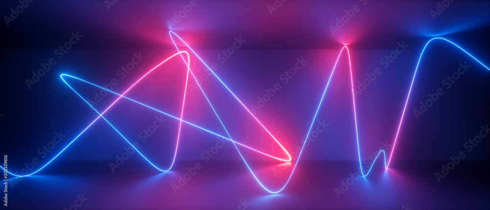 3d abstract neon background, chaotic wavy line, trajectory path glowing in ultraviolet light, violet blue red laser rays - obrazy, fototapety, plakaty 