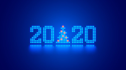 Aufkleber - Hanging 2020 number year or digits and Christmas tree consisting blue shining neon square pixels with reflection. Xmas New Year background. Digital computer technology conceptual christmas banner.
