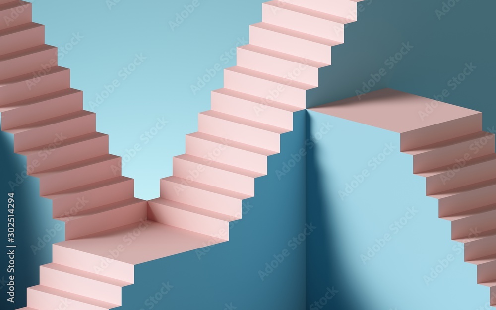 3d render, abstract background with steps and staircase, in pink and blue pastel colors. Architectural design elements. - obrazy, fototapety, plakaty 