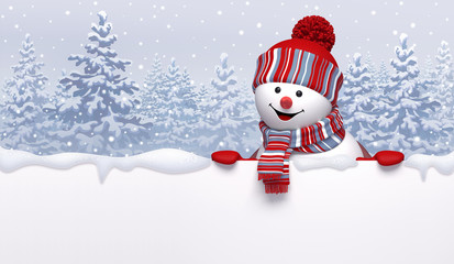 christmas background with 3d cute happy snowman wearing knitted cap and scarf, holding blank banner.