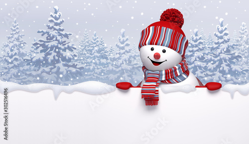 Christmas Background With 3d Cute Happy Snowman Wearing Knitted