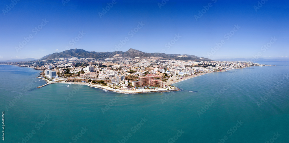 Aerial Panoramic Landscape View of Benalmadena City , Malaga , South of Spain. Popular touristic holiday attraction in Costa del Sol - obrazy, fototapety, plakaty 