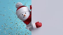 Christmas Greeting Card Mockup. 3d Snowman Holding Blank Banner, Looking At Camera. Winter Holiday Background With Gold Confetti. Happy New Year. Funny Festive Character.