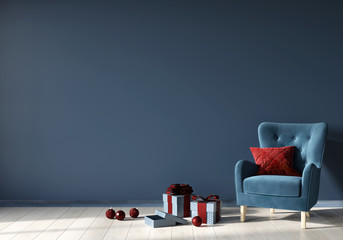 Wall Mural - Festive interior with trendy blue velour armchair and gifts