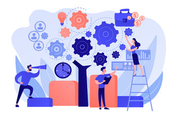 Wall Mural - Business operation planning. Software technology integration. Enterprise architecture, IT standard for your business, business it management concept. Pink coral blue vector isolated illustration