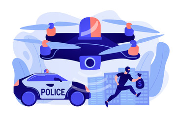 Sticker - Police car and drone tracking thieve in mask with money and crime scene. Law enforcement drones, police drone use, smart city IoT tools concept. Pinkish coral bluevector isolated illustration