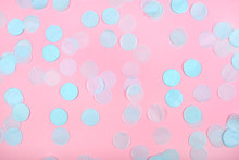 Mint Confetti On Pink Background. Flat Lay, Top View.