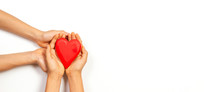 Hands Holding Red Heart Over White Background. Love, Healthcare, Family, Insurance, Donation Concept