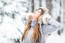 Brunette, Laughing, Young, Beautiful, Woman With Gray Knit Sweater, Dancing In Winter Forest