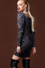 Wall Mural - Beautiful sexy blond woman business office style fashion clothes fall collection perfect body shape pretty face makeup smile wear grey dress skinny casual accessory glamour model.