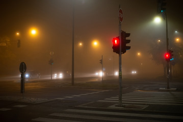 Crosswalk in the city with pedestrian red stop light at night