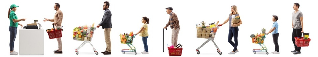 Wall Mural - People with shopping carts and baskets waiting in line at the cash register