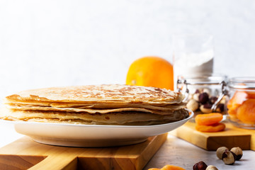 Wall Mural - Thin pancakes, ingredients, making blini crepes