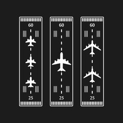 Wall Mural - Takeoff and landing airplanes set. Runway with jet aircraft top view. Airport elements top view. Instrument landing system scheme. Vector airport symbol and background.