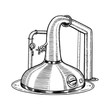 Pot Swan necked copper stills distillery for making alcohol. Engraved hand drawn vintage retro sketch for logo or whiskey label or alcohol menu. Vector illustration.