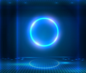 Poster - Futuristic Sci Fi elegant modern Neon glowing Circle. Blue neon abstract background with glowing ring shape. Blue pink violet neon abstract background, ultraviolet light, nightclub empty room interior