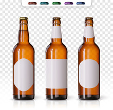 Wheat Beer Ads, Realistic Vector Beer Bottle With Attractive Beer And Ingredients On Background. Bottle Beer Brand Concept On Backgrounds, With Different Mock Ups And Caps. Set Of Bottles