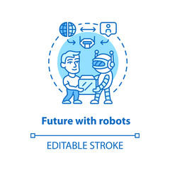 Wall Mural - Future with robots blue concept icon. Robotics in society idea thin line illustration. Interaction with innovative technologies. Contemporary delivery. Vector isolated outline drawing. Editable stroke