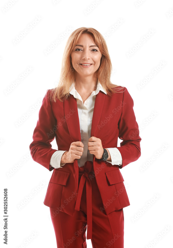 Stylish mature businesswoman on white background