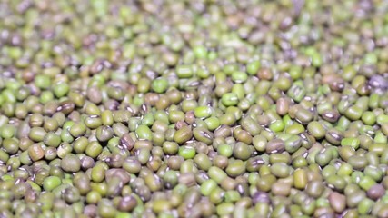 Wall Mural - Video of flying green mung beans isolated. Selective focus.