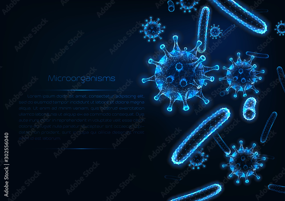 Futuristic immunology web banner with glowing low polygonal virus and bacteria cells. - obrazy, fototapety, plakaty 