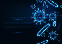 Futuristic Immunology Web Banner With Glowing Low Polygonal Virus And Bacteria Cells.
