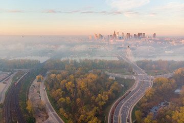 Wall Mural - Warsaw city center at dawn aerial view