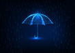 Futuristic protection concept with glow low poly umbrella and rain shower on dark blue background.